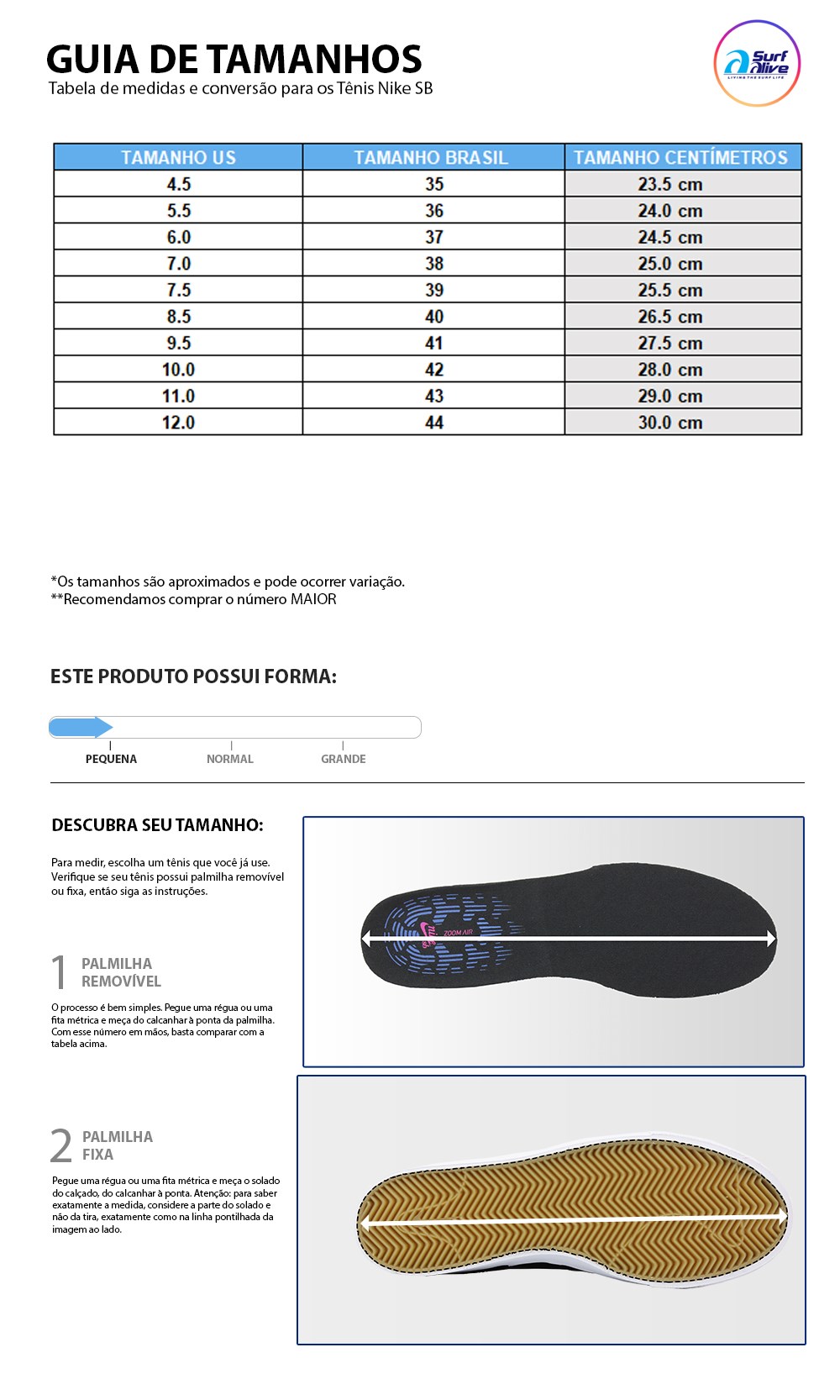 Tabela de medidas e conversão para os tênis Nike SB
